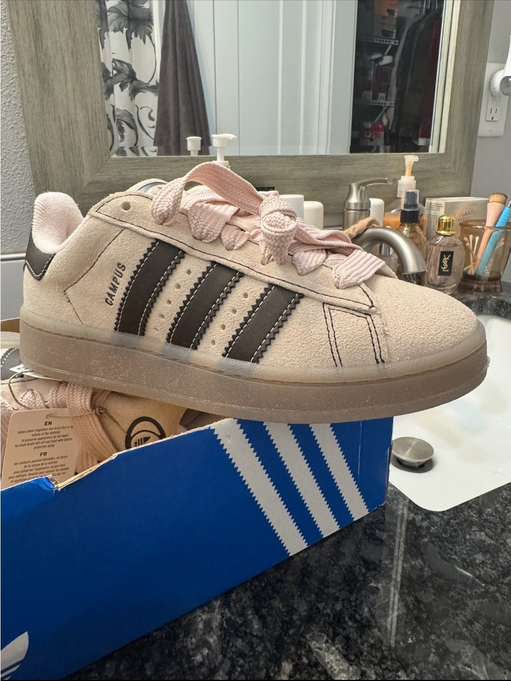 adidas Kids Suede Campus Sneakers in Light Pink with Brown Stripes